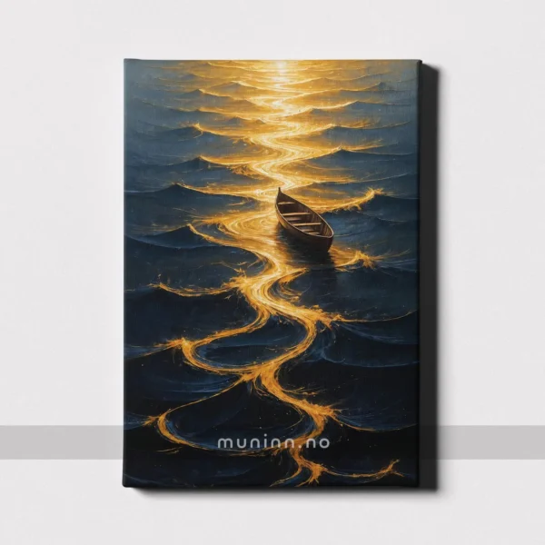 Lysende sti på vannet – digitalt kunstverk med en ensom båt som følger en hypnotiserende, gyllen lyssti over marineblå bølger. Mystisk og stemningsfull kunst trykt på lerret.