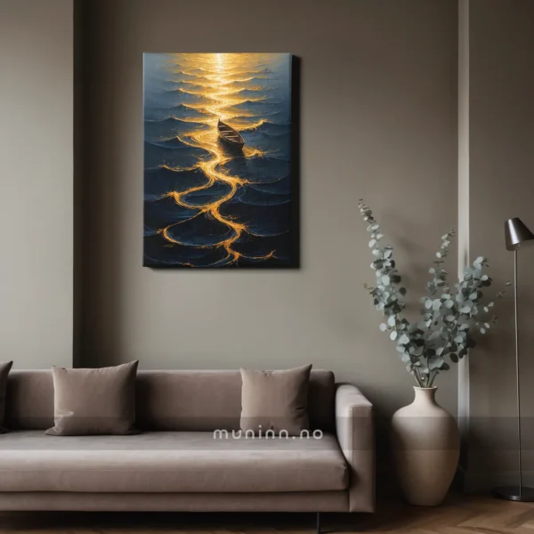 Lysende sti på vannet – digital kunst trykt på lerret, vist i en moderne interiørsetting. Elegant og stemningsfull veggkunst.