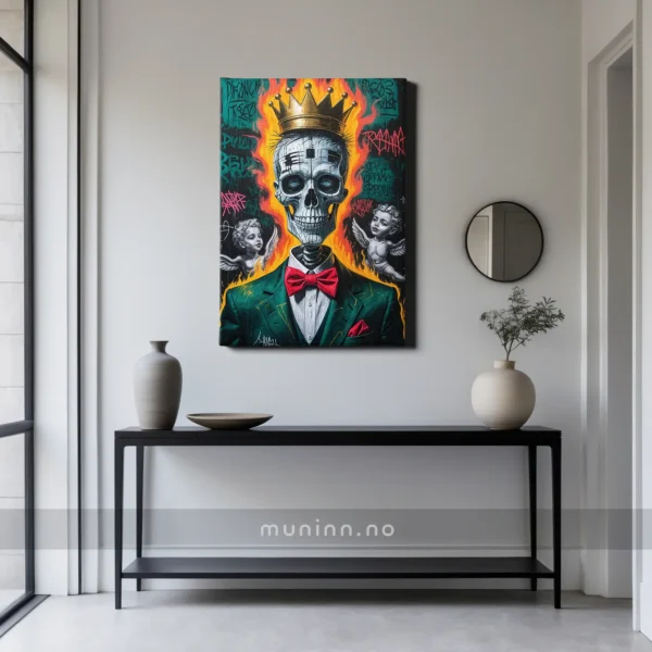En mørk konge med et surrealistisk bakteppe av engler og anarkistiske skrifter.
