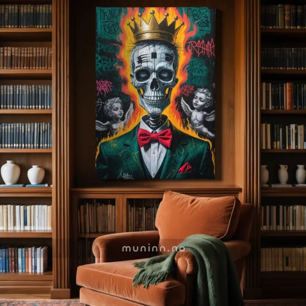 En kunstnerisk visjon av en kongelig skalle med en brennende gatekunstscene.