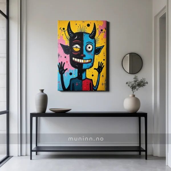 Smilende figur i surrealistisk stil med et uttrykksfullt blikk.