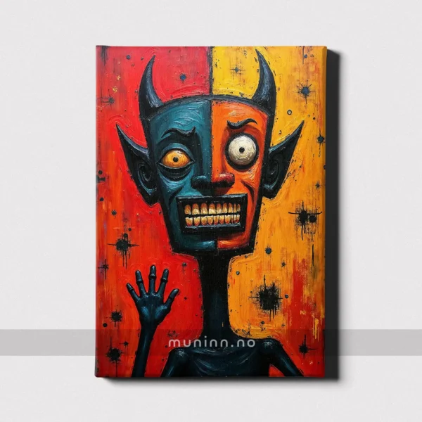 En mørk demon med en unik fargedeling i ansiktet, i en surrealistisk stil.
