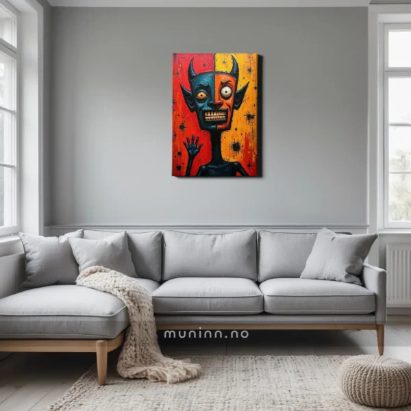Et ekspressivt bilde av en demon med et bredt smil og hypnotiserende blikk.