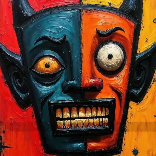 En surrealistisk demon med delt ansikt, med intense farger av rødt, blått og oransje.