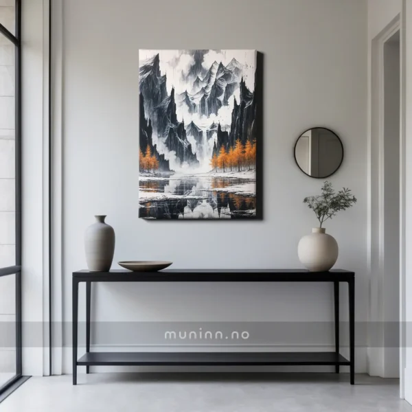 Et illusorisk speilbilde av det rå landskapet i innsjøens vann.