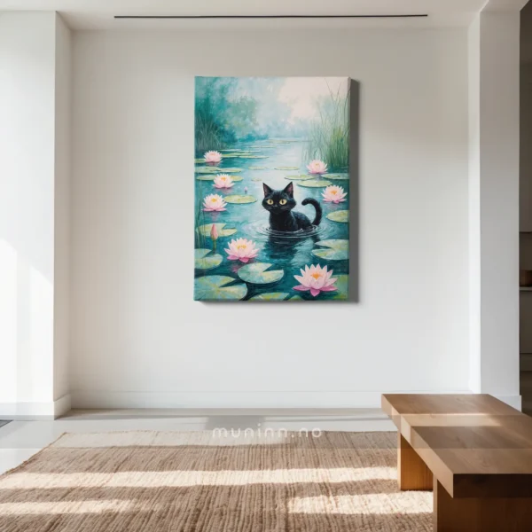 Myke bølger og rosa vannliljer i bakgrunnen av en gåtefull katt.