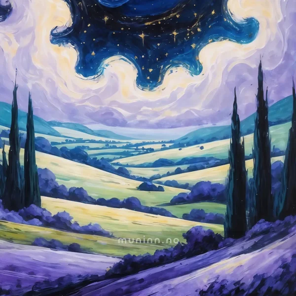 En fantastisk visjon av universet som strekker seg over en rolig dal – en kunstnerisk tolkning av kosmisk harmoni.
