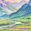 Realistisk digital kunst som viser et fredelig fjellandskap.