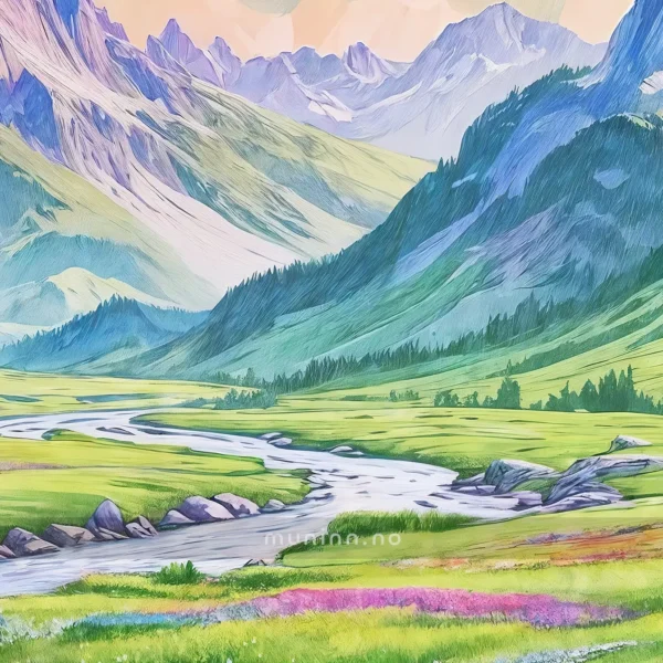 Realistisk digital kunst som viser et fredelig fjellandskap.