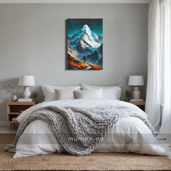 Digital kunst med stjerneklar himmel og snødekket fjelltopp.