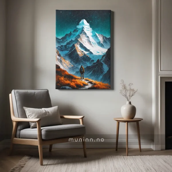 Kunst på lerret – en enslig reisende omgitt av høstløv og fjellandskap.