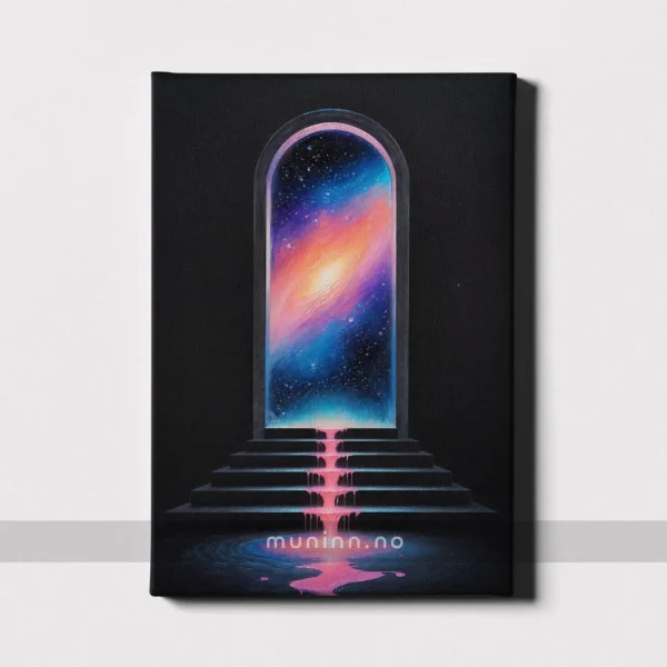 En mystisk portal som leder til en fargerik galakse – digital kunst trykt på lerr