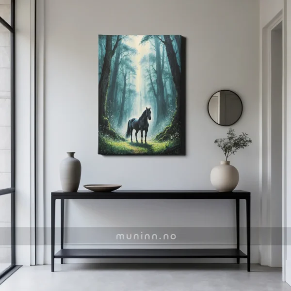 Et mystisk skoglandskap med en majestetisk hest i sentrum.