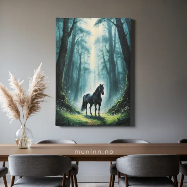 En svart hest i en mystisk, eventyrlig skog.