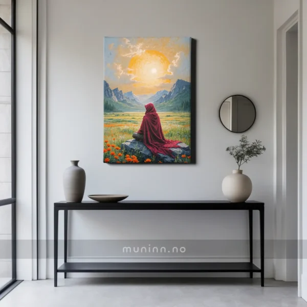 Digitalt kunstverk med åndelig kontemplasjon i fjellene.